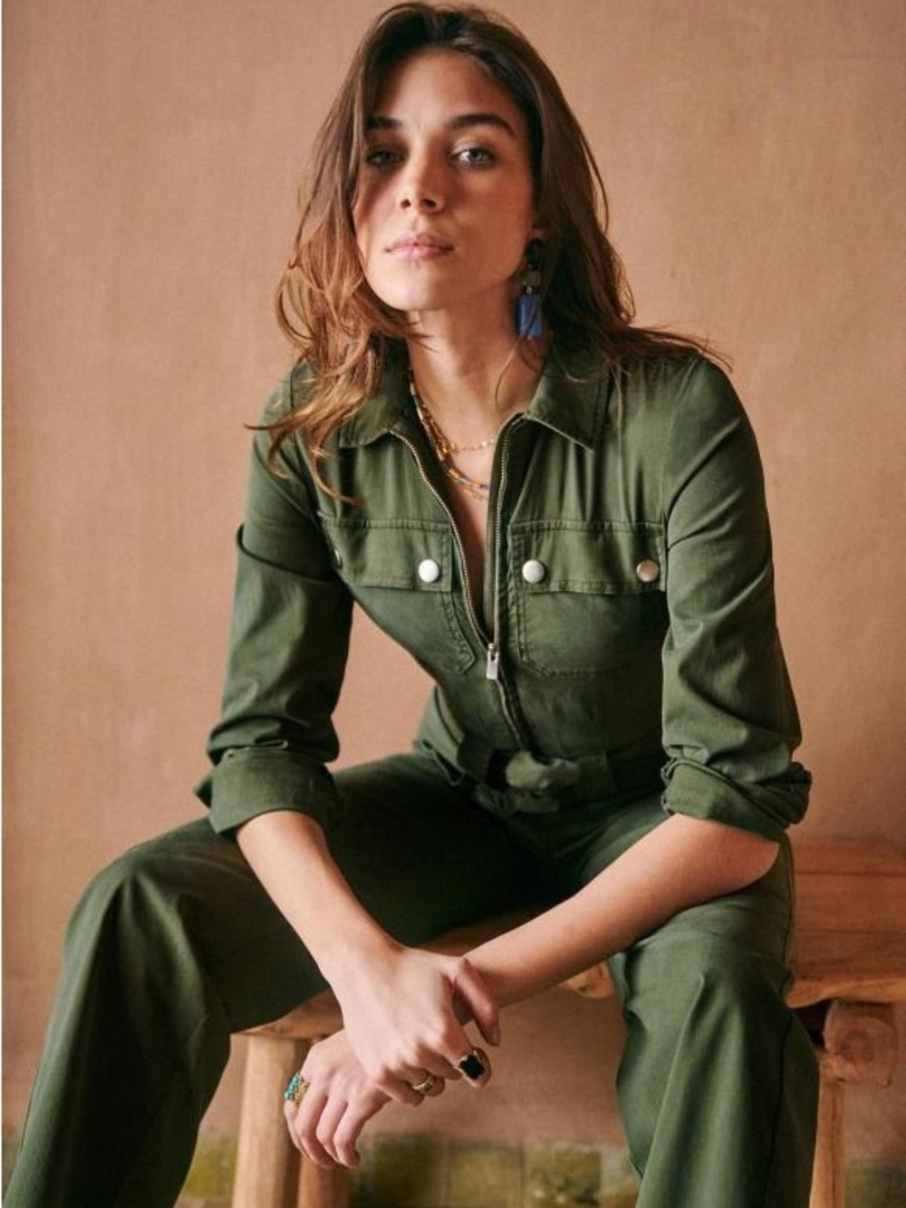 Sézane Bob Jumpsuit Khaki Green Utility Boilersuit Size 38 / US 6